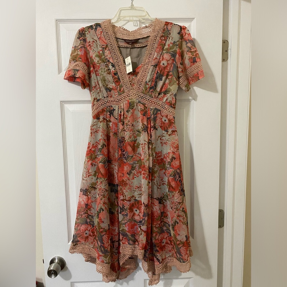Ranna Gill Rose Bouquet Floral Chiffon Lace Dress for Anthropologie NWT